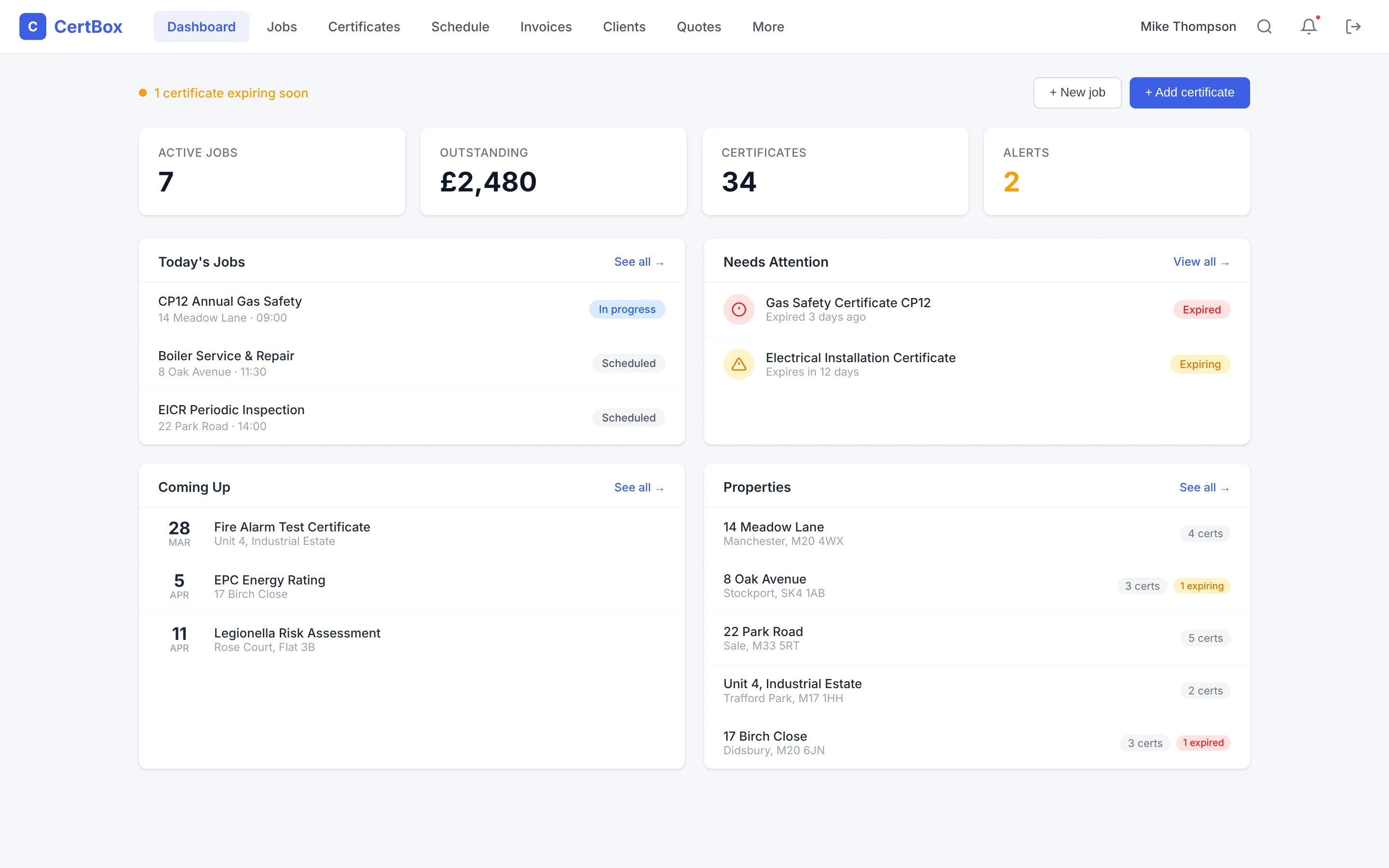 CertBox dashboard showing jobs, certificates, and invoices