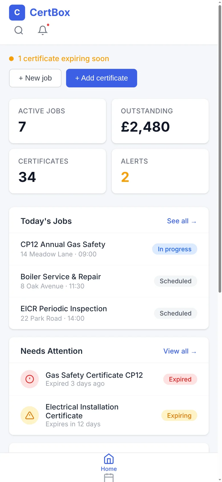 CertBox mobile app showing certificate creation on a phone