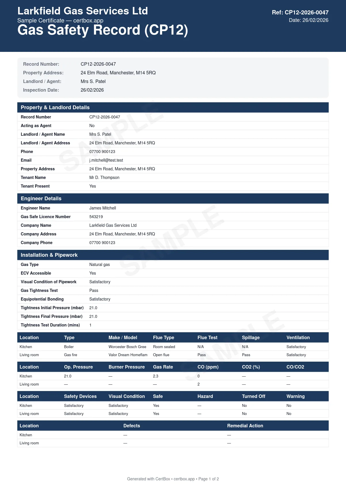A finished Gas Safety Record (CP12)