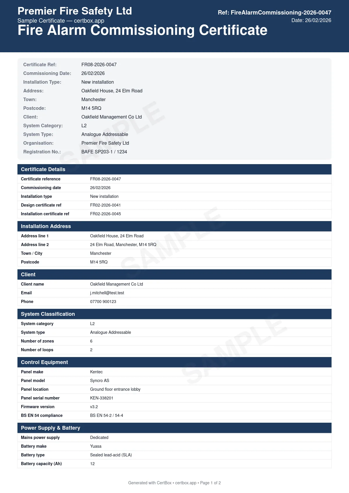 A finished fire alarm commissioning certificate