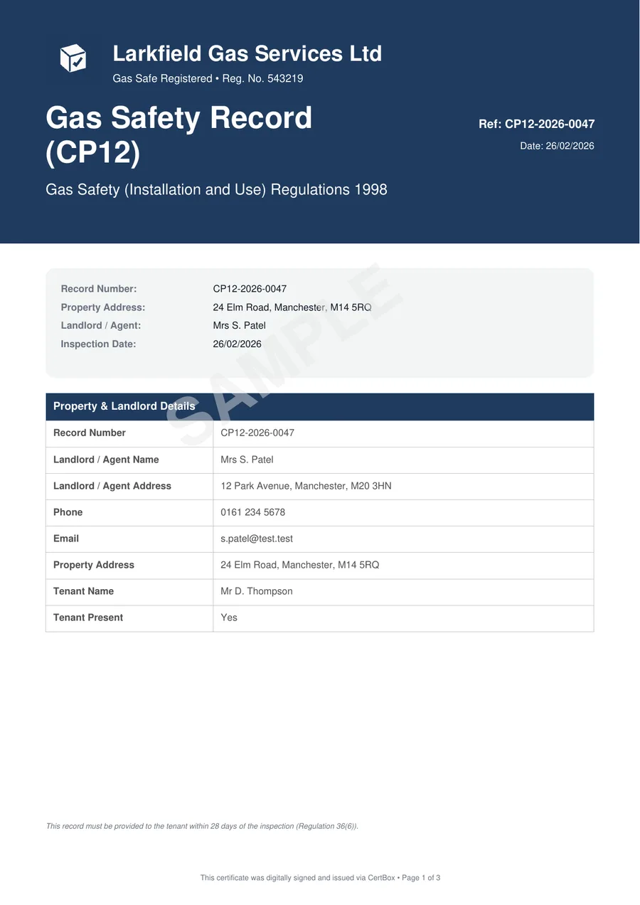 CP12 sample, page 1 — property, landlord and installation details