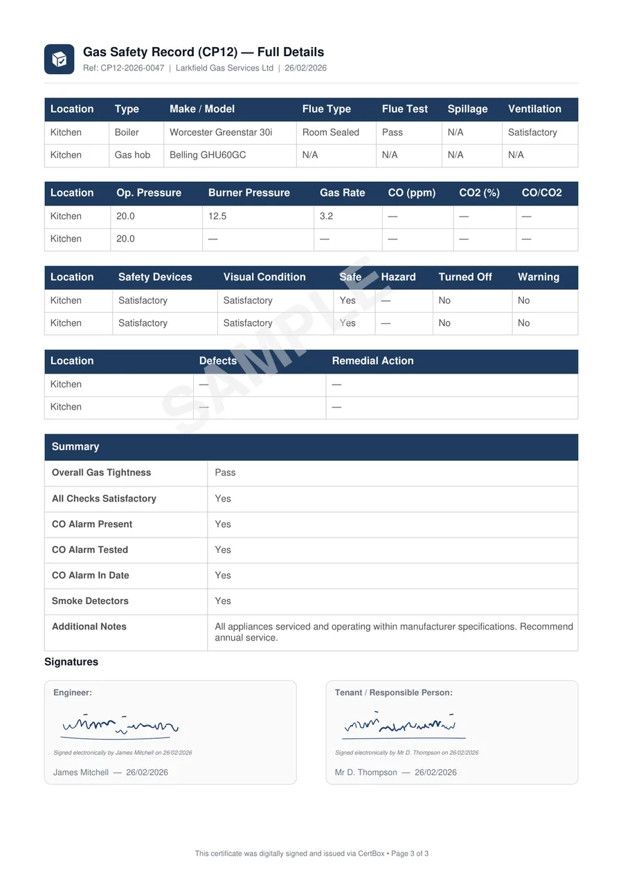 CP12 sample, page 3 — appliance checks, gas tightness pass, CO alarm results and signatures